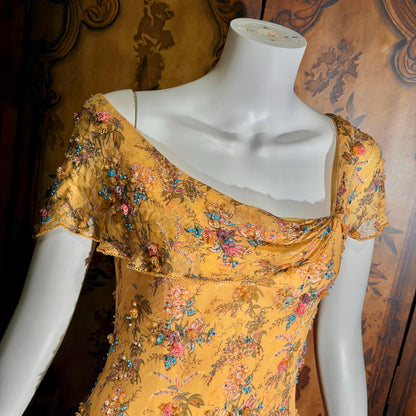Vintage 1990s VICTORIA ROYAL Slip Dress, Peach floral bias cut silk beaded sheath gown