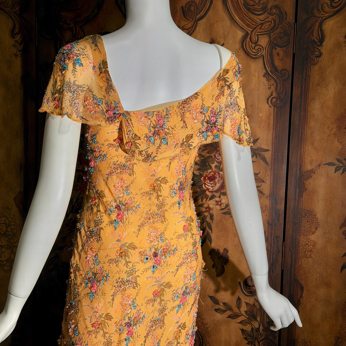 Vintage 1990s VICTORIA ROYAL Slip Dress, Peach floral bias cut silk beaded sheath gown