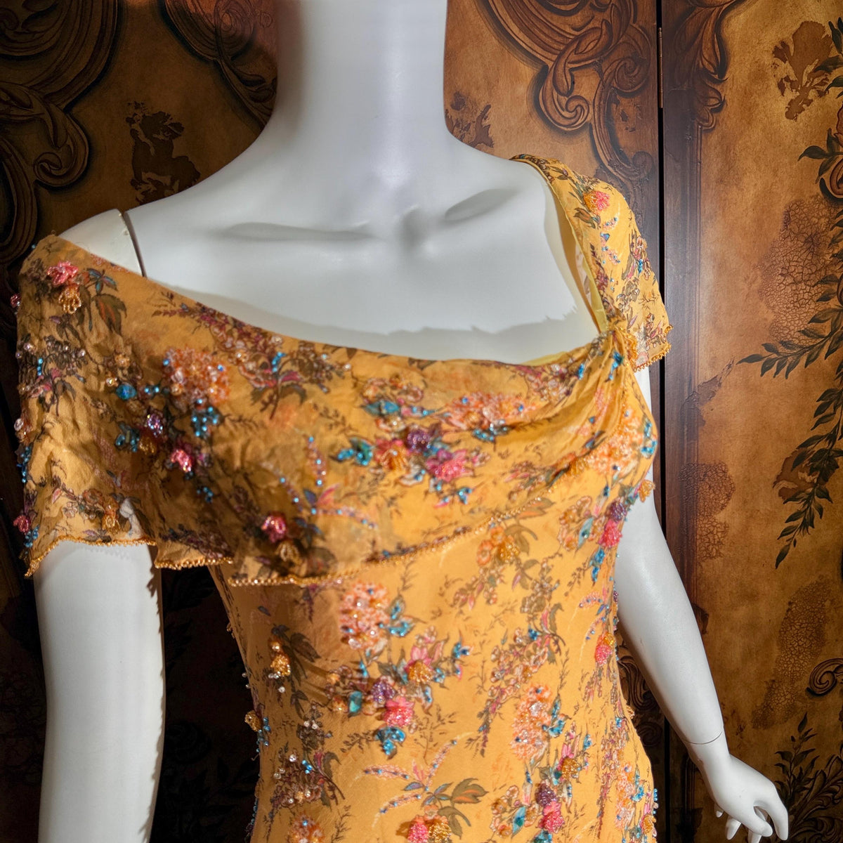 Vintage 1990s VICTORIA ROYAL Slip Dress, Peach floral bias cut silk beaded sheath gown