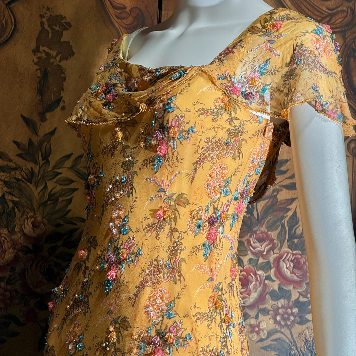 Vintage 1990s VICTORIA ROYAL Slip Dress, Peach floral bias cut silk beaded sheath gown