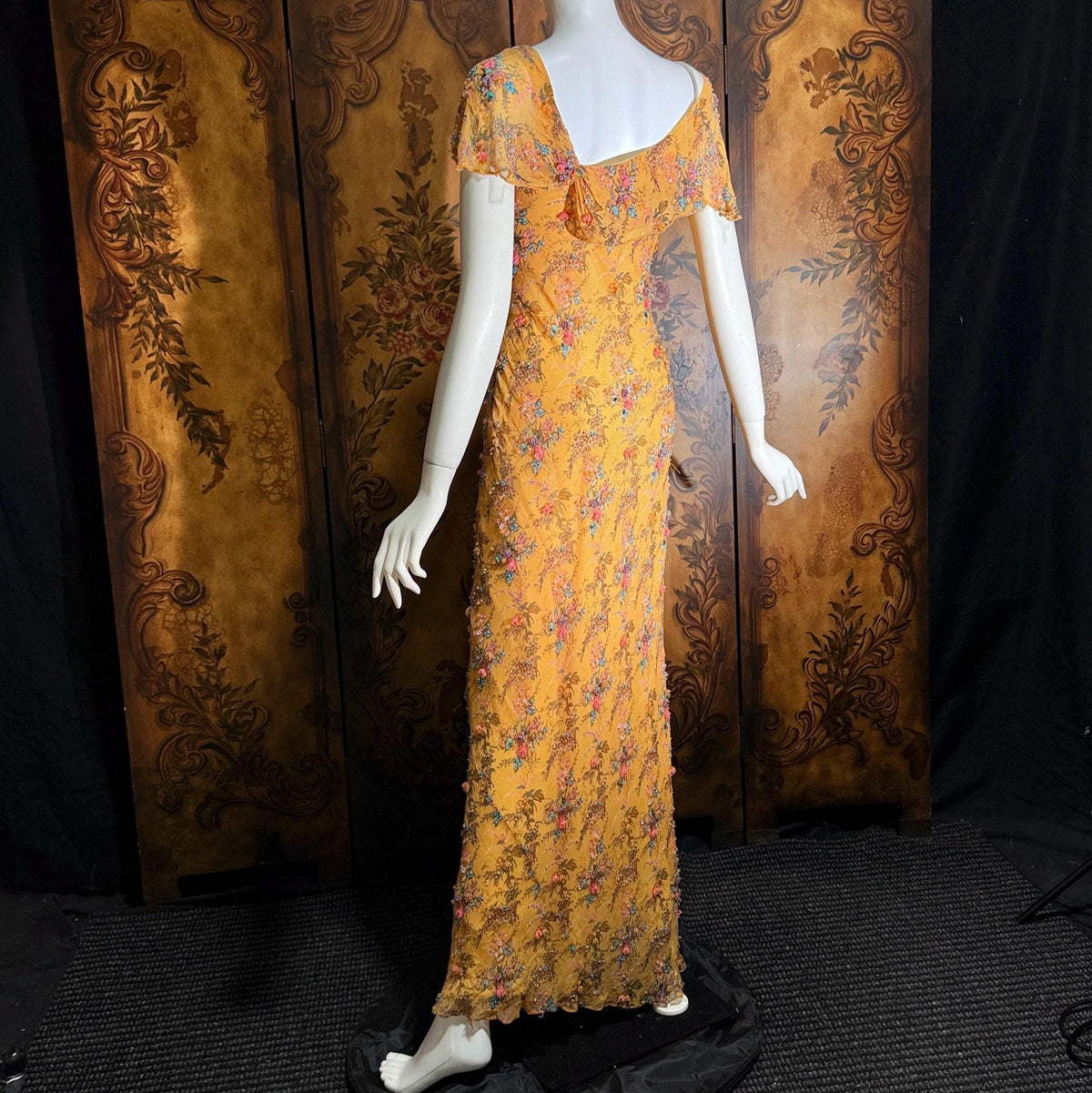 Vintage 1990s VICTORIA ROYAL Slip Dress, Peach floral bias cut silk beaded sheath gown