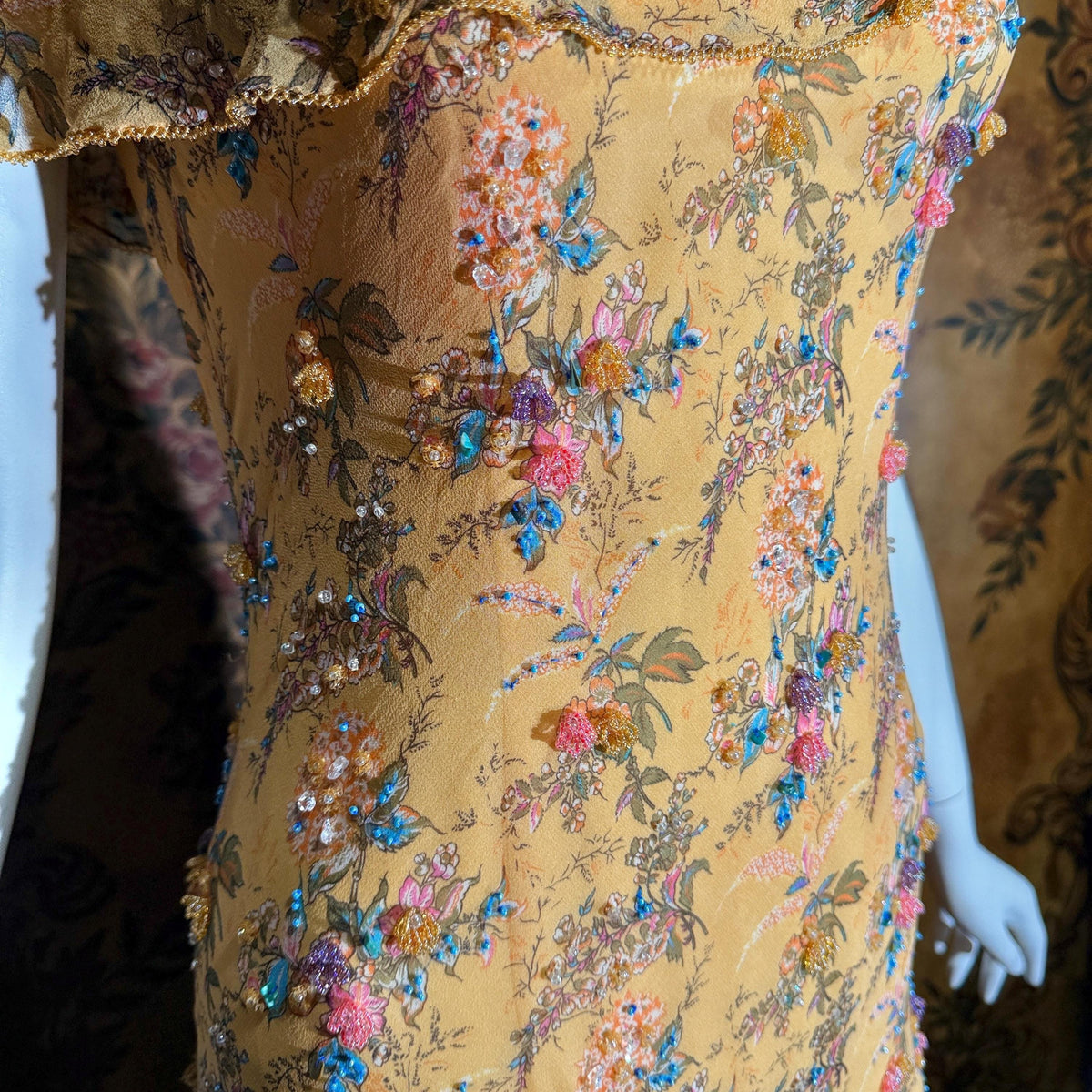 Vintage 1990s VICTORIA ROYAL Slip Dress, Peach floral bias cut silk beaded sheath gown