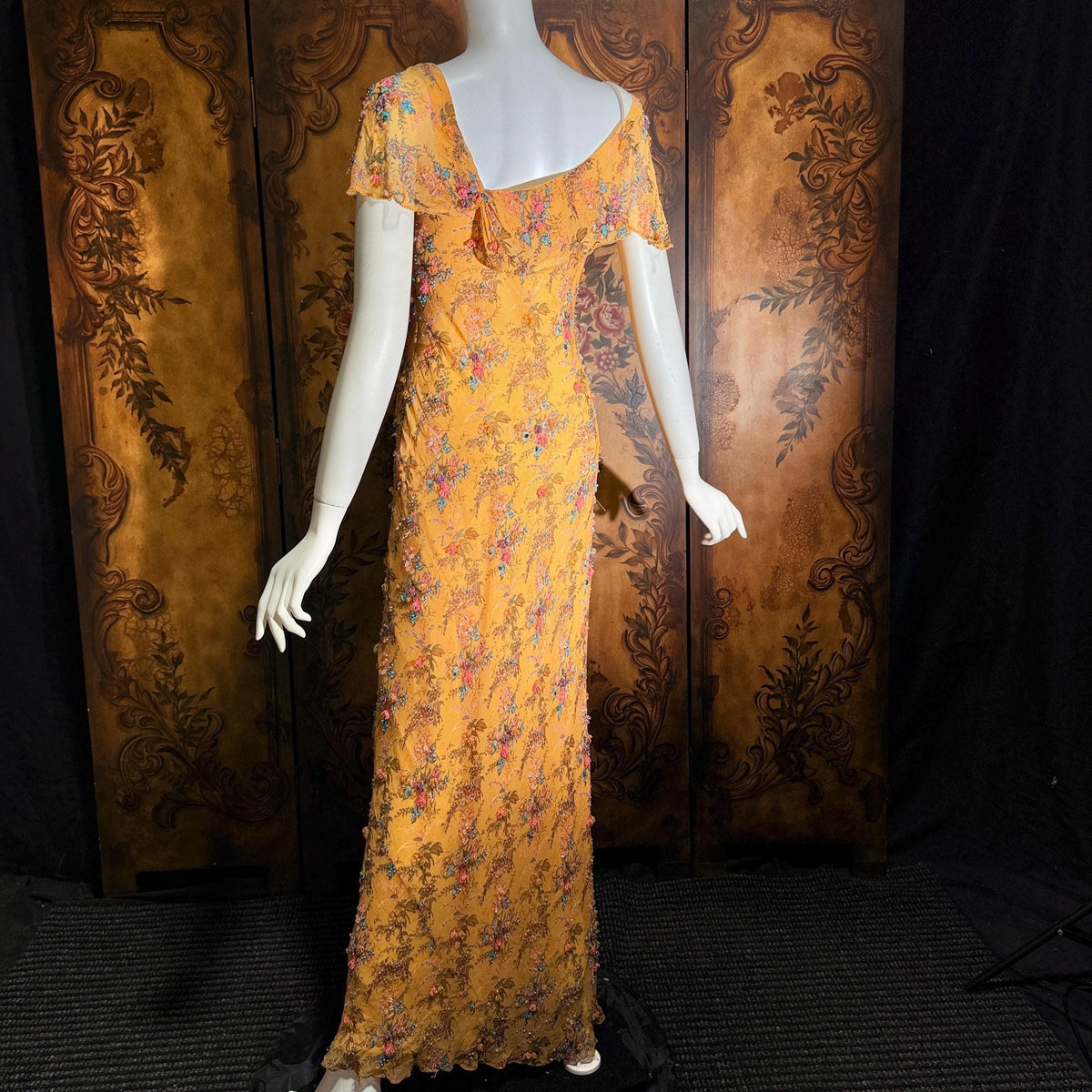 Vintage 1990s VICTORIA ROYAL Slip Dress, Peach floral bias cut silk beaded sheath gown