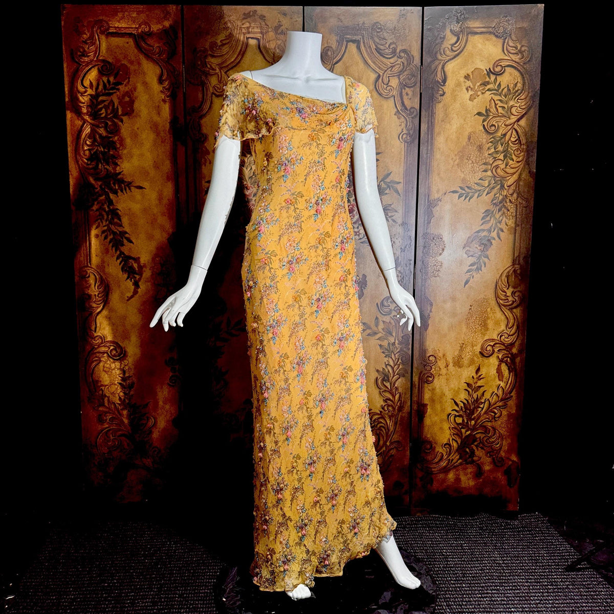 Vintage 1990s VICTORIA ROYAL Slip Dress, Peach floral bias cut silk beaded sheath gown