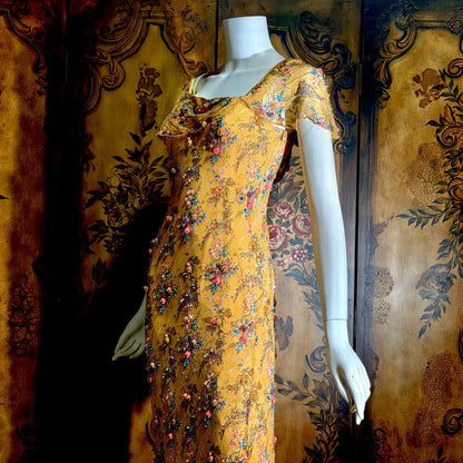 Vintage 1990s VICTORIA ROYAL Slip Dress, Peach floral bias cut silk beaded sheath gown