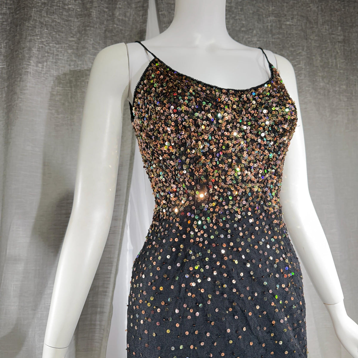 vintage 1980s RIAZEE BOUTIQUE evening dress gown, Lillie Rubin Black Silk Sequin Evening slip dress