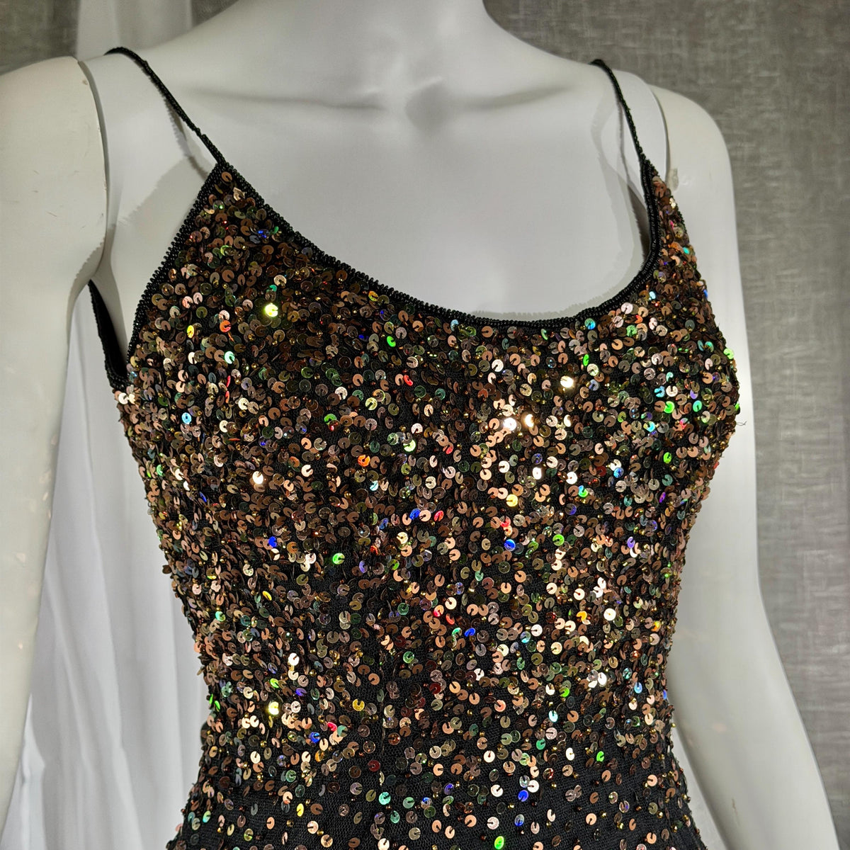 vintage 1980s RIAZEE BOUTIQUE evening dress gown, Lillie Rubin Black Silk Sequin Evening slip dress