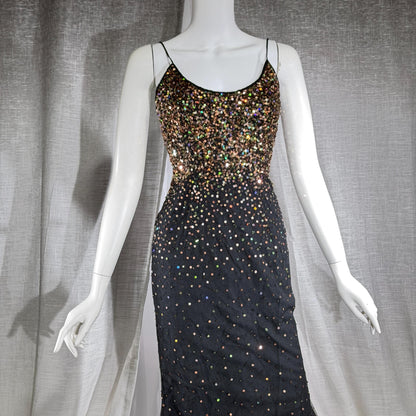 vintage 1980s RIAZEE BOUTIQUE evening dress gown, Lillie Rubin Black Silk Sequin Evening slip dress