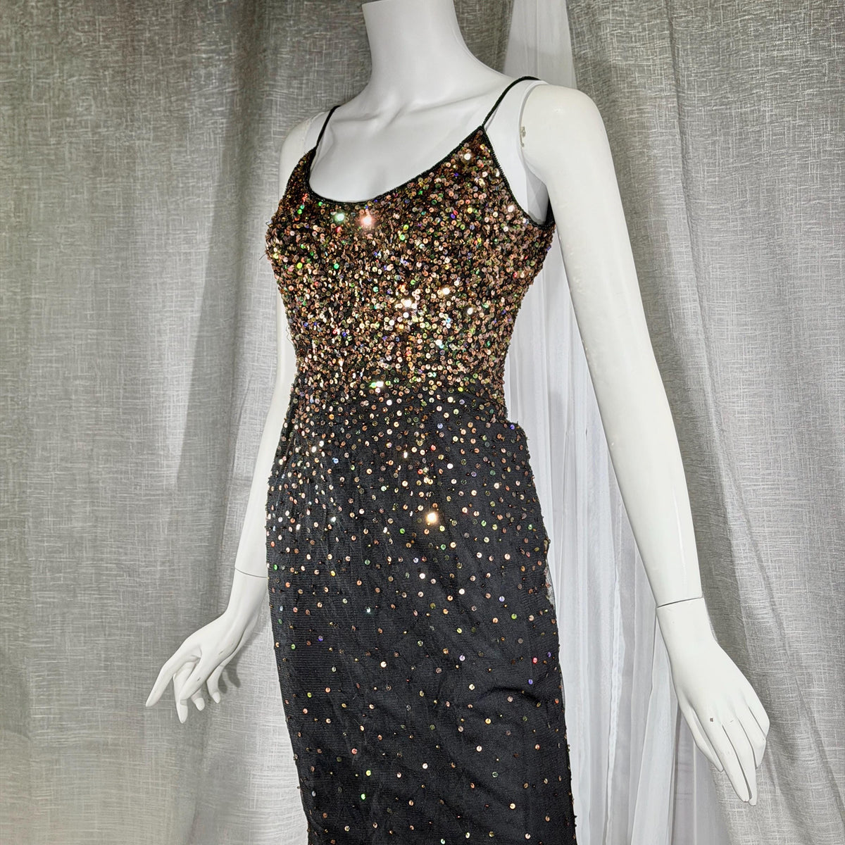 vintage 1980s RIAZEE BOUTIQUE evening dress gown, Lillie Rubin Black Silk Sequin Evening slip dress