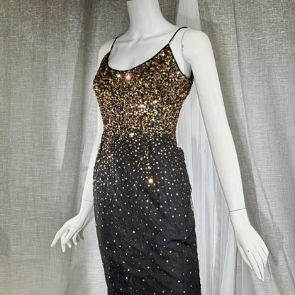 vintage 1980s RIAZEE BOUTIQUE evening dress gown, Lillie Rubin Black Silk Sequin Evening slip dress