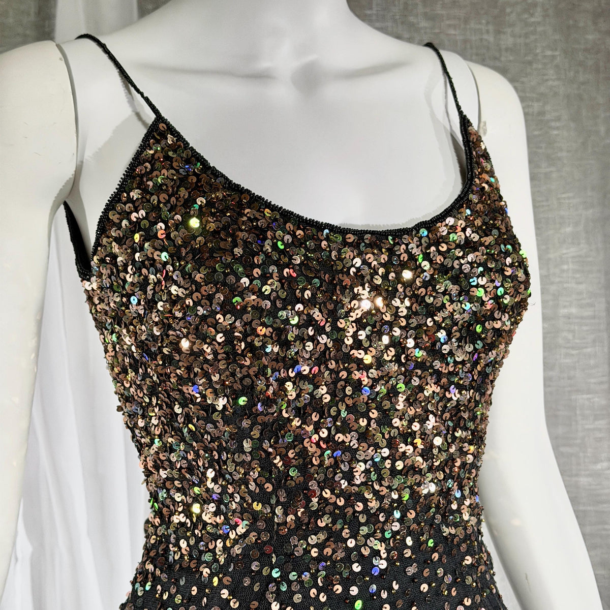 vintage 1980s RIAZEE BOUTIQUE evening dress gown, Lillie Rubin Black Silk Sequin Evening slip dress