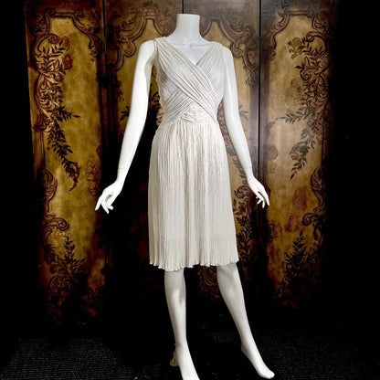 vintage MARY MCFADDEN cocktail dress, 1970s 1980s white open back plisse pleats dress