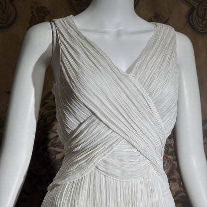 vintage MARY MCFADDEN cocktail dress, 1970s 1980s white open back plisse pleats dress