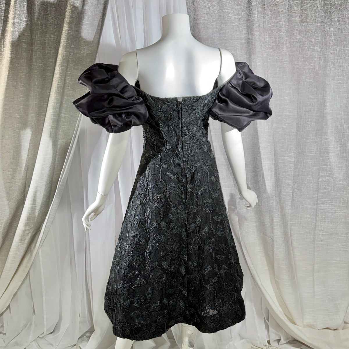 Vintage SCAASI BOUTIQUE cocktail evening dress, Black Off Shoulder Huge Sleeves Party Dress