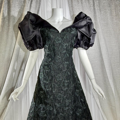 Vintage SCAASI BOUTIQUE cocktail evening dress, Black Off Shoulder Huge Sleeves Party Dress