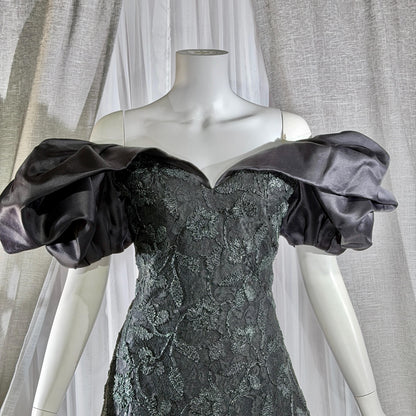Vintage SCAASI BOUTIQUE cocktail evening dress, Black Off Shoulder Huge Sleeves Party Dress