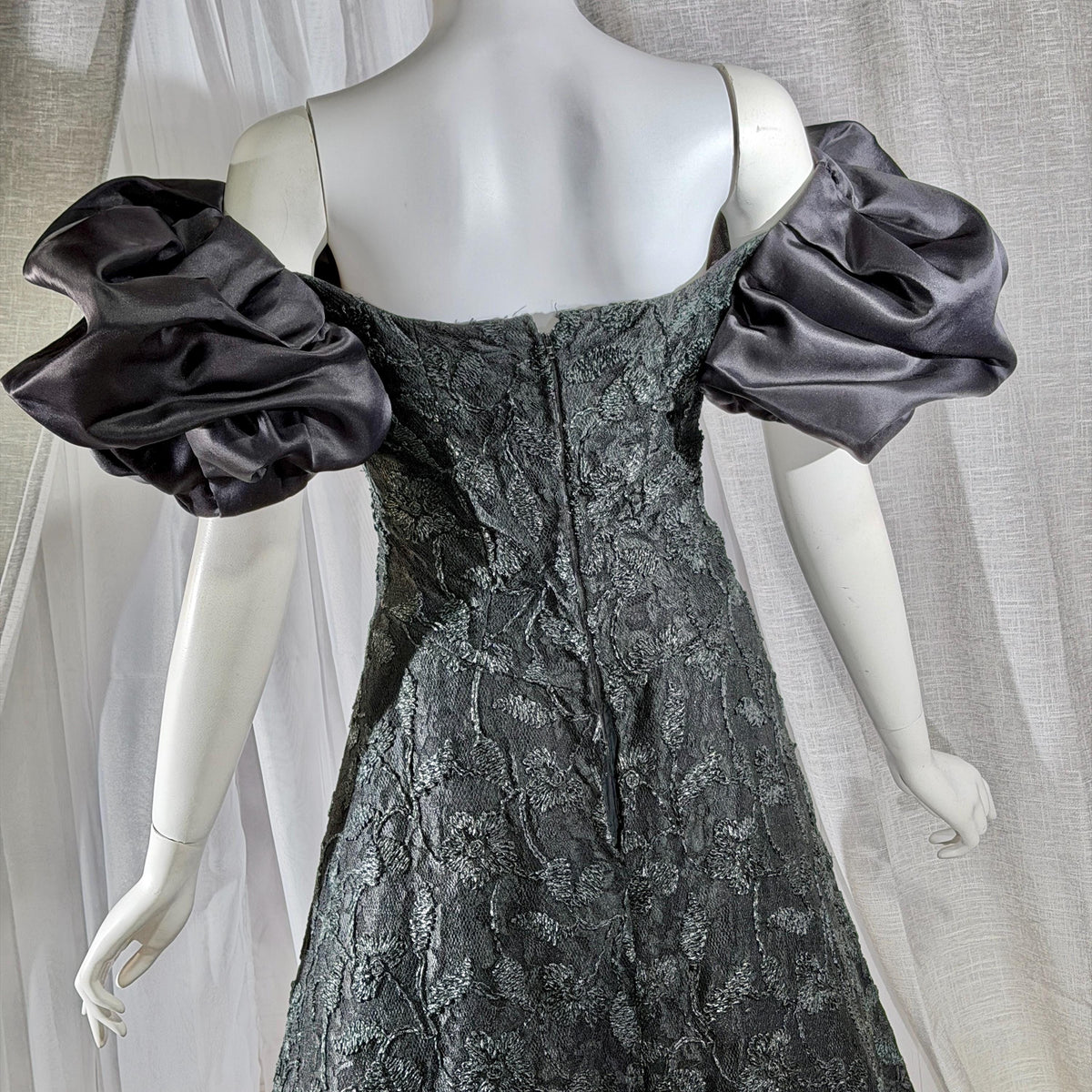 Vintage SCAASI BOUTIQUE cocktail evening dress, Black Off Shoulder Huge Sleeves Party Dress