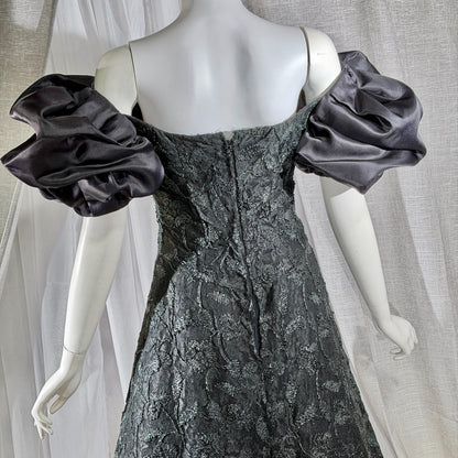 Vintage SCAASI BOUTIQUE cocktail evening dress, Black Off Shoulder Huge Sleeves Party Dress