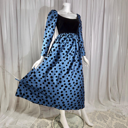 ADELE SIMPSON vintage 1960s evening dress, steel blue taffeta with black velvet flocked polka dots