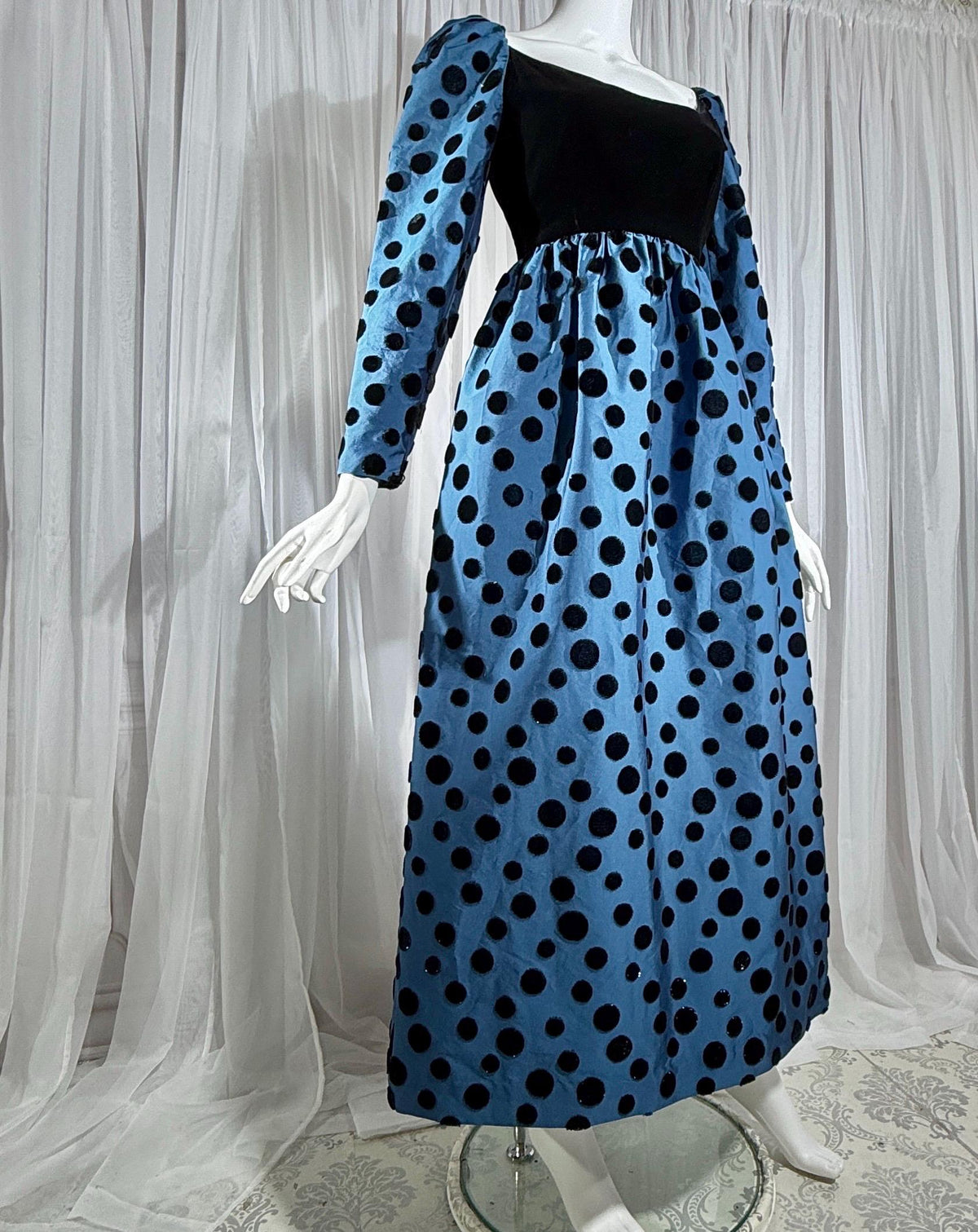 ADELE SIMPSON vintage 1960s evening dress, steel blue taffeta with black velvet flocked polka dots