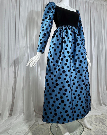 ADELE SIMPSON vintage 1960s evening dress, steel blue taffeta with black velvet flocked polka dots