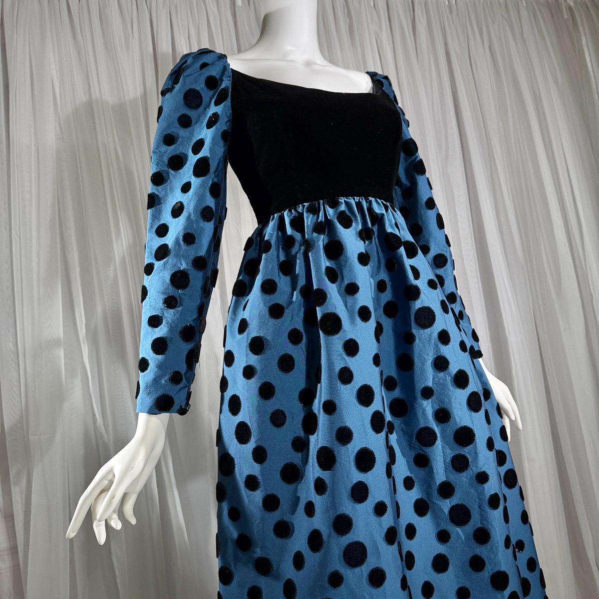 ADELE SIMPSON vintage 1960s evening dress, steel blue taffeta with black velvet flocked polka dots