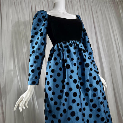 ADELE SIMPSON vintage 1960s evening dress, steel blue taffeta with black velvet flocked polka dots