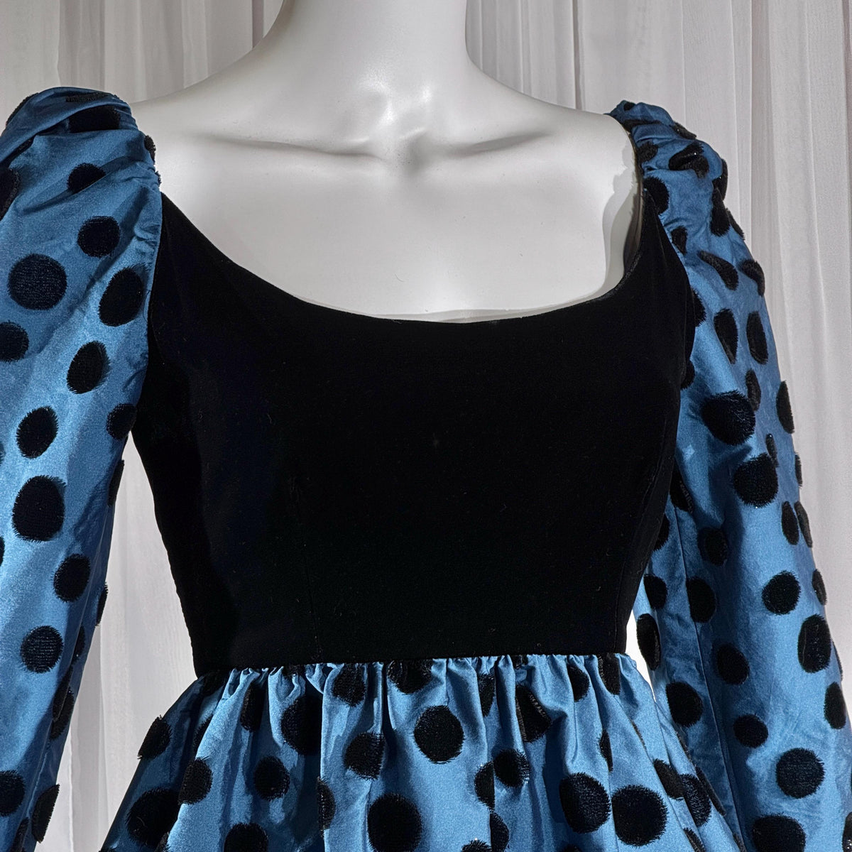 ADELE SIMPSON vintage 1960s evening dress, steel blue taffeta with black velvet flocked polka dots