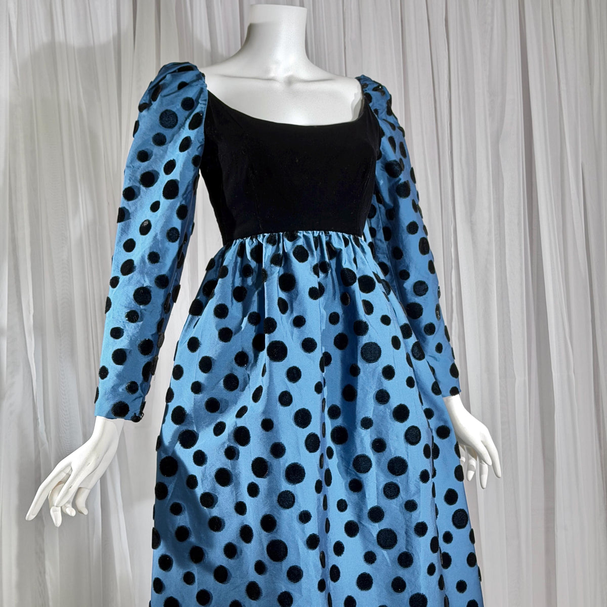 ADELE SIMPSON vintage 1960s evening dress, steel blue taffeta with black velvet flocked polka dots