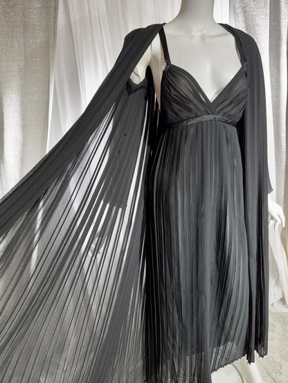 Vintage GEORGETTE TRABOLSI Peignoir Set, 1980s black pleated nightgown robe lingerie dress set