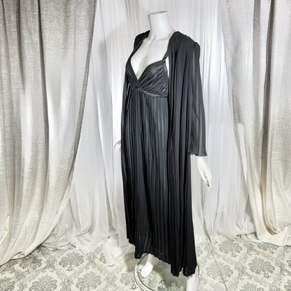 Vintage GEORGETTE TRABOLSI Peignoir Set, 1980s black pleated nightgown robe lingerie dress set