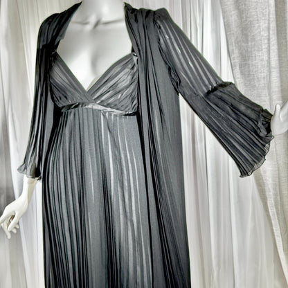Vintage GEORGETTE TRABOLSI Peignoir Set, 1980s black pleated nightgown robe lingerie dress set