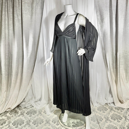 Vintage GEORGETTE TRABOLSI Peignoir Set, 1980s black pleated nightgown robe lingerie dress set