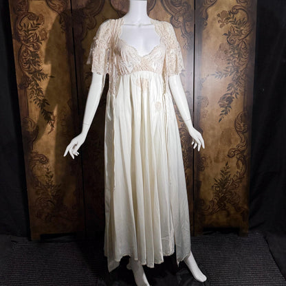 Vintage ORA FEDER Peignoir Set, 1970s Ivory White Satin Lace nightgown robe lingerie dress set