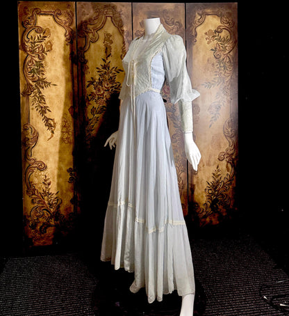vintage GUNNE SAX romantic prairie maxi dress, 1970s Powder Blue Edwardian Revival boho dress