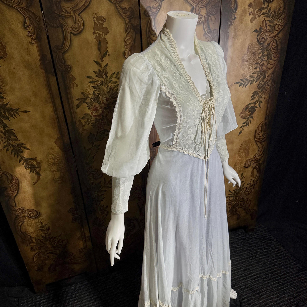 vintage GUNNE SAX romantic prairie maxi dress, 1970s Powder Blue Edwardian Revival boho dress