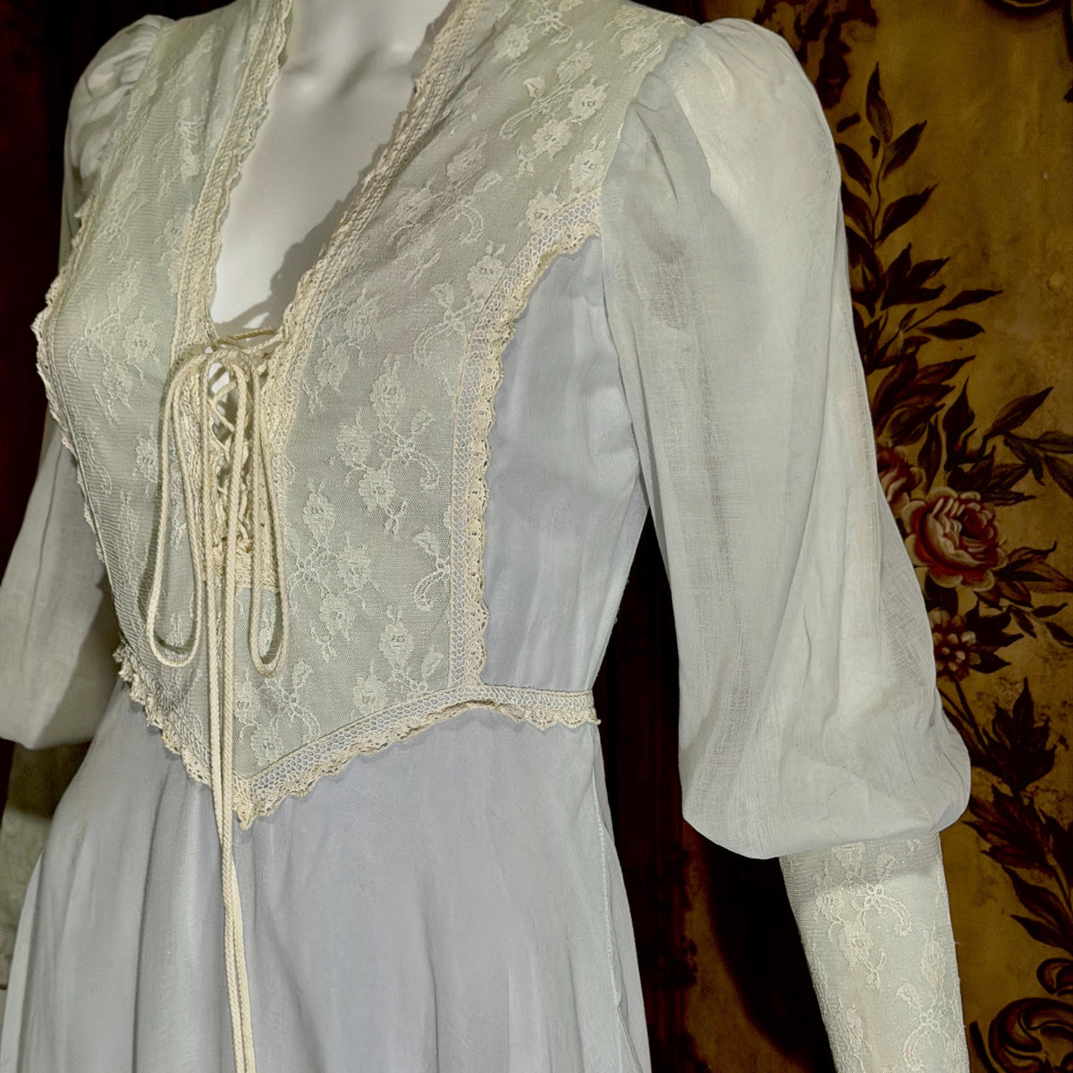 vintage GUNNE SAX romantic prairie maxi dress, 1970s Powder Blue Edwardian Revival boho dress