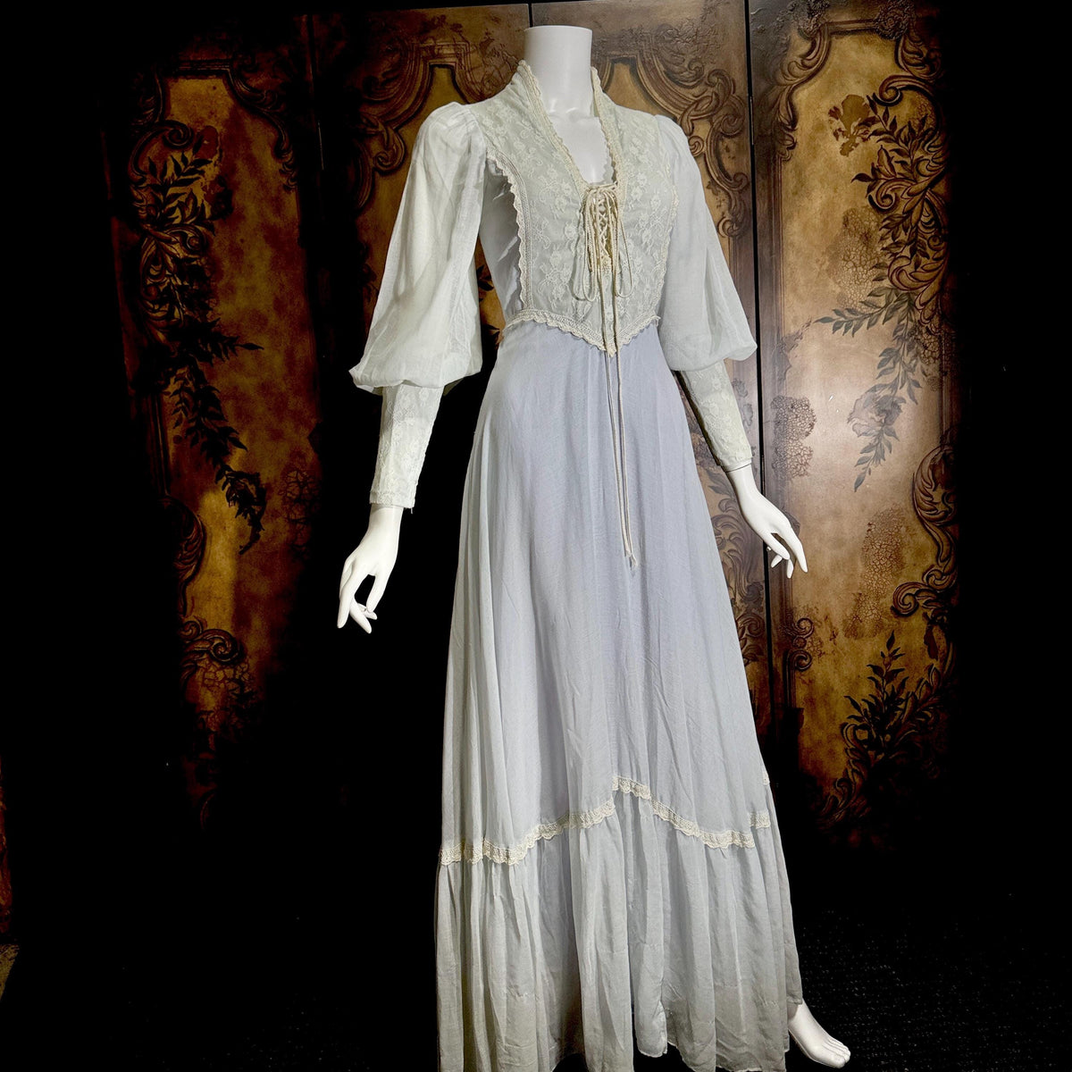 vintage GUNNE SAX romantic prairie maxi dress, 1970s Powder Blue Edwardian Revival boho dress