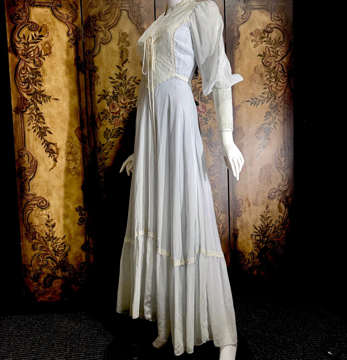 vintage GUNNE SAX romantic prairie maxi dress, 1970s Powder Blue Edwardian Revival boho dress