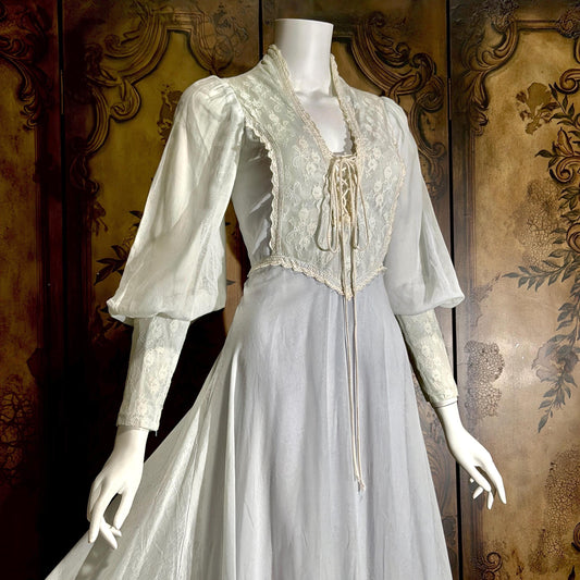vintage GUNNE SAX romantic prairie maxi dress, 1970s Powder Blue Edwardian Revival boho dress