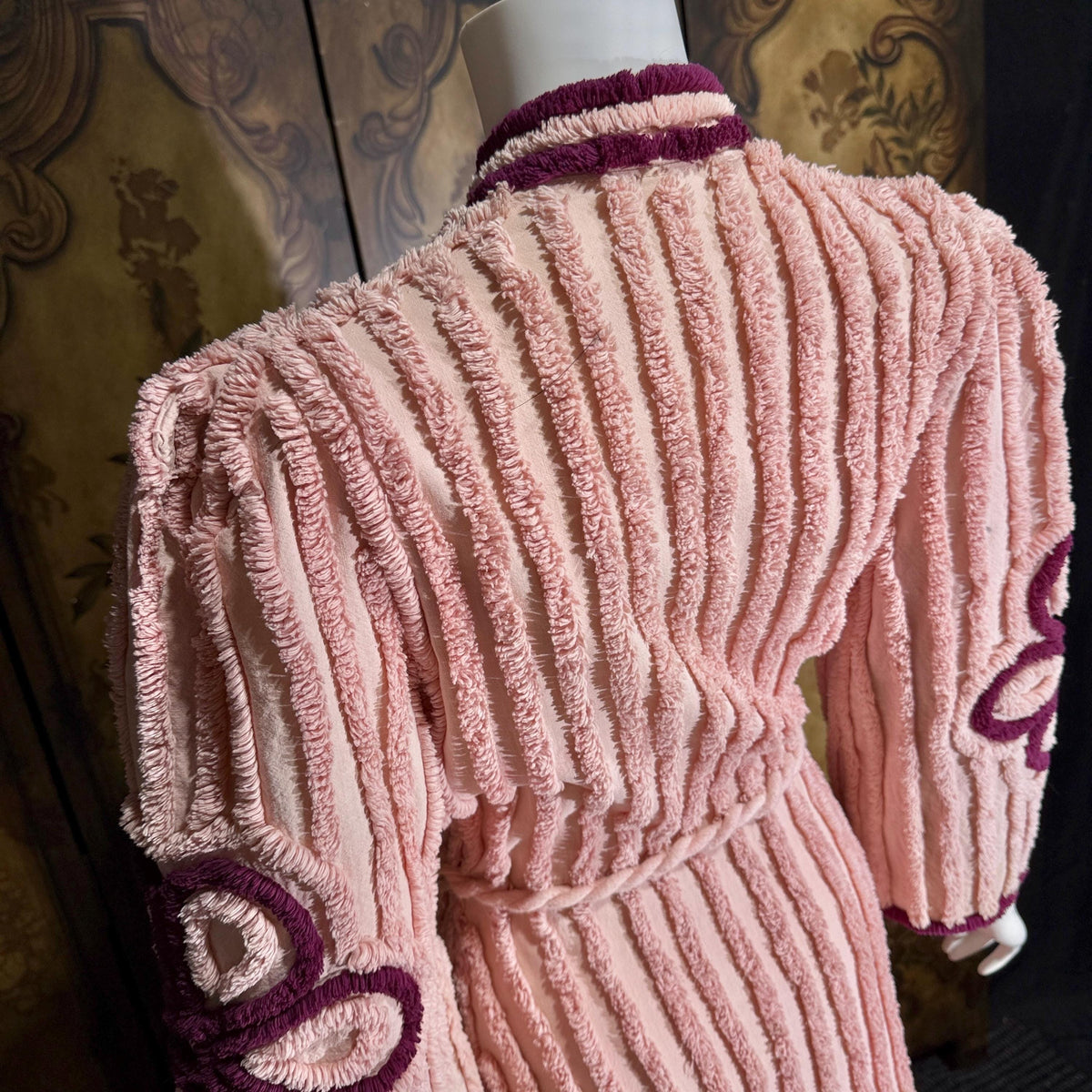 vintage 1940s chenille robe dressing gown, Dusty Pink cotton wrap front housecoat