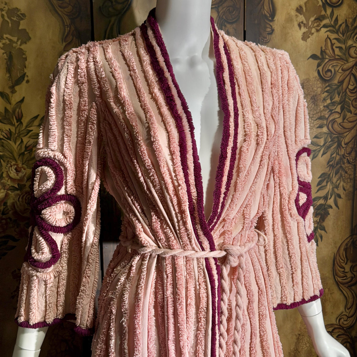 vintage 1940s chenille robe dressing gown, Dusty Pink cotton wrap front housecoat