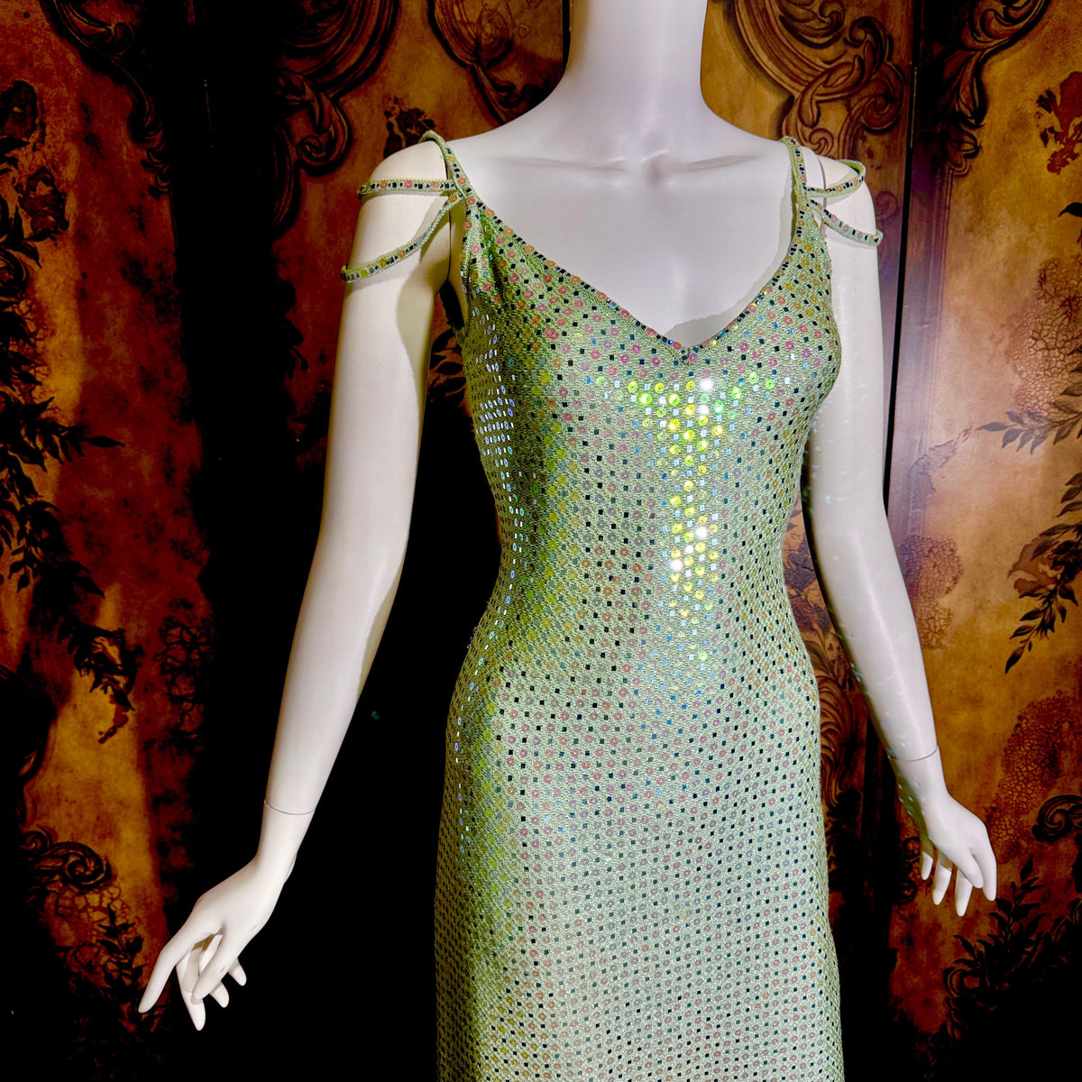 vintage ST JOHN EVENING 1980s evening gown, Dusty Green Sequin knit long dress
