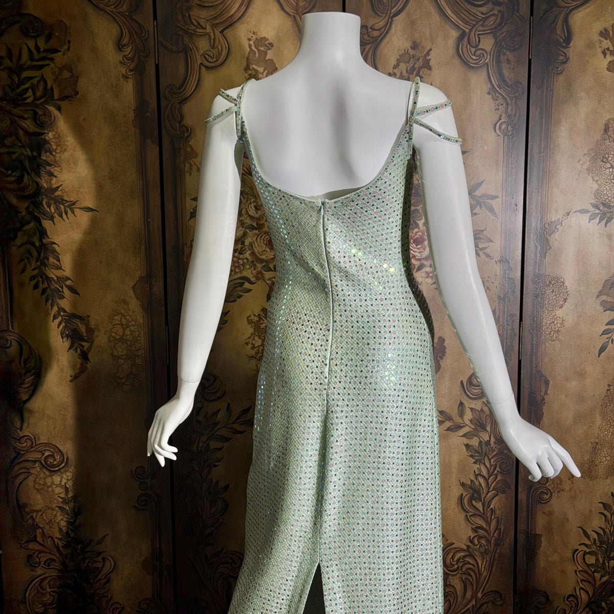 vintage ST JOHN EVENING 1980s evening gown, Dusty Green Sequin knit long dress