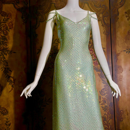 vintage ST JOHN EVENING 1980s evening gown, Dusty Green Sequin knit long dress
