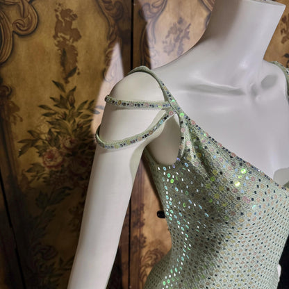 vintage ST JOHN EVENING 1980s evening gown, Dusty Green Sequin knit long dress