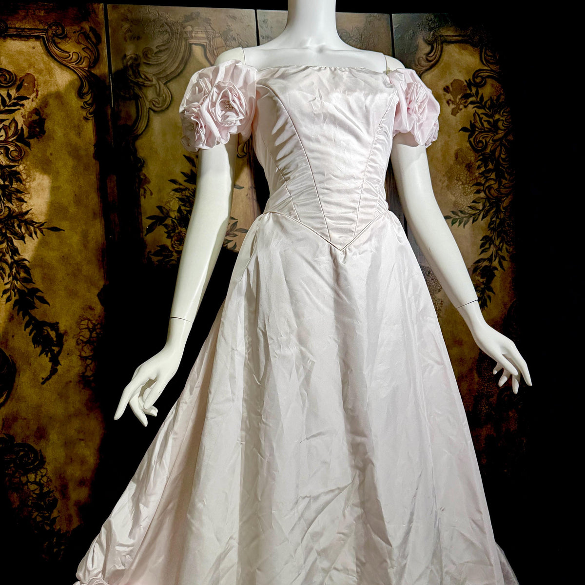 vintage PRISCILLA OF BOSTON wedding dress gown, 1970s Pink Off Shoulder Basque Cinderella ball gown