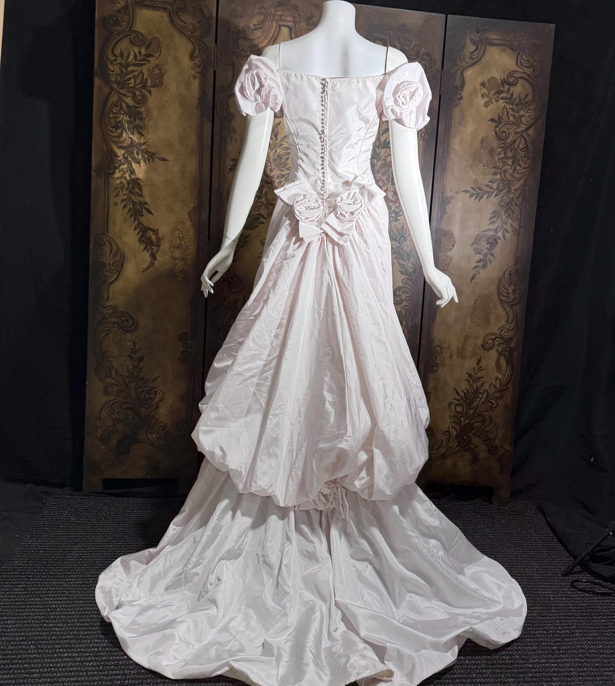 vintage PRISCILLA OF BOSTON wedding dress gown, 1970s Pink Off Shoulder Basque Cinderella ball gown
