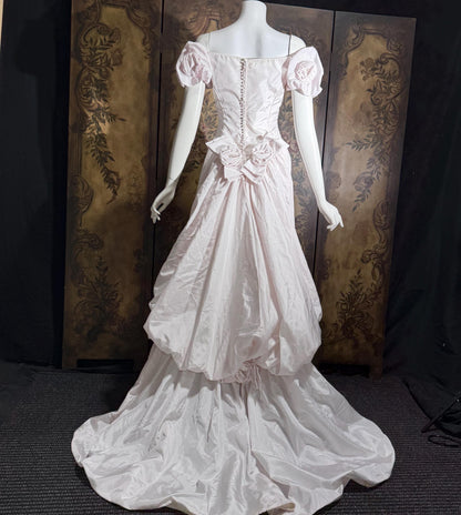 vintage PRISCILLA OF BOSTON wedding dress gown, 1970s Pink Off Shoulder Basque Cinderella ball gown