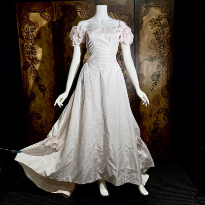 vintage PRISCILLA OF BOSTON wedding dress gown, 1970s Pink Off Shoulder Basque Cinderella ball gown